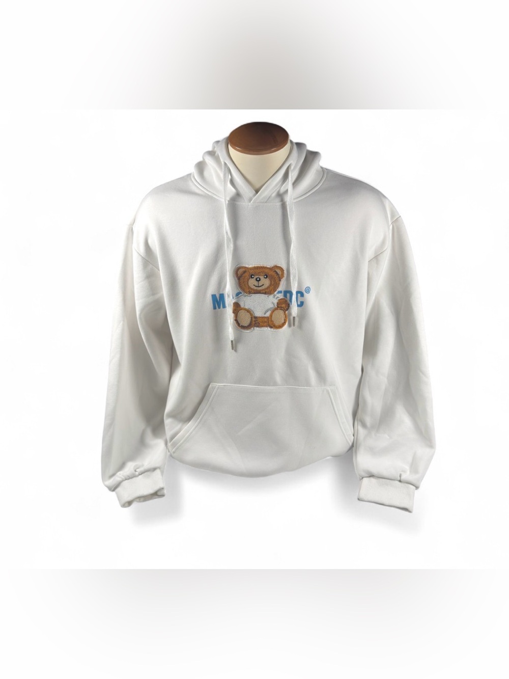 Aelfric Eden White Hoodie with Embroidered Teddy Bear & Blue Text Size L UNISEX